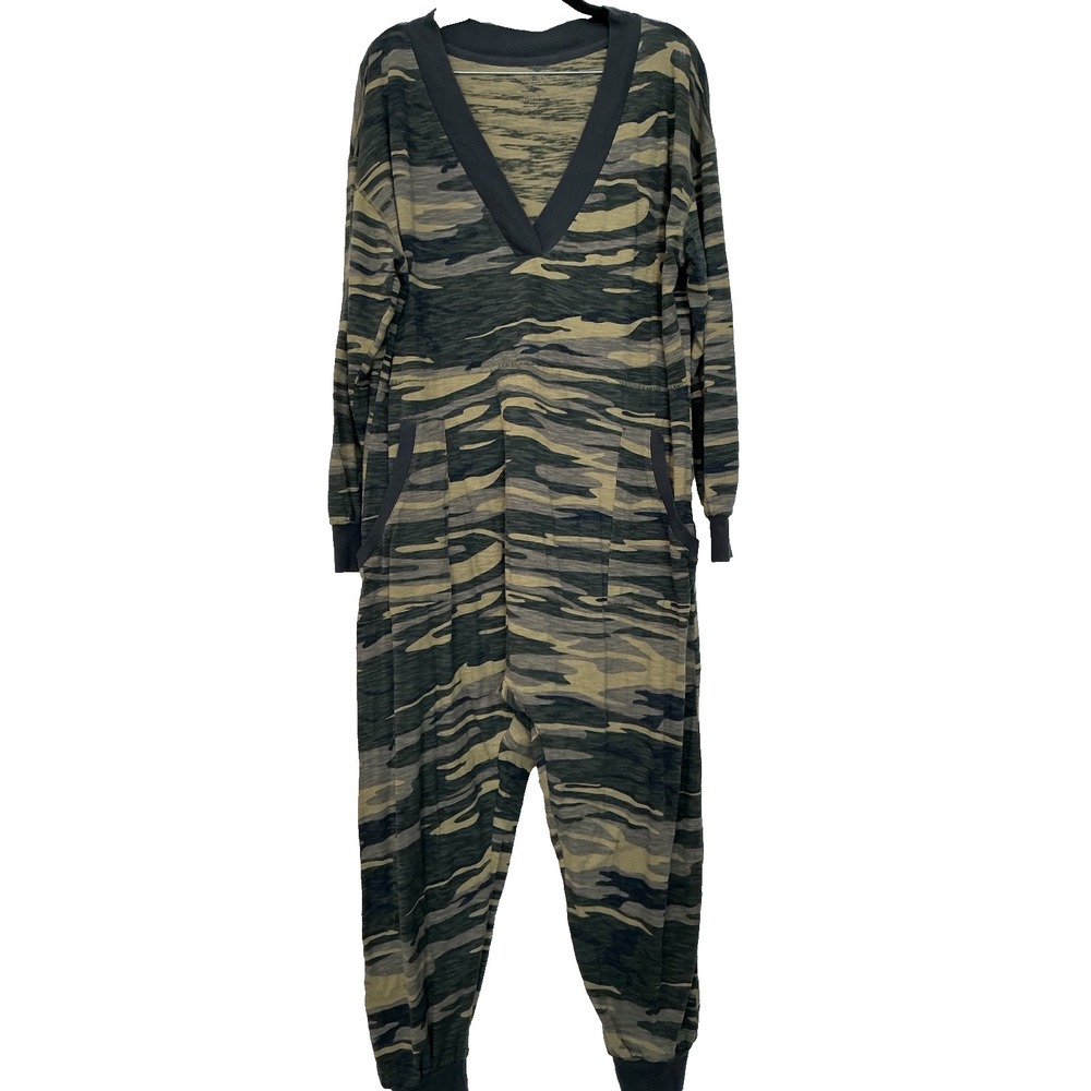 Natural Life 100% Cotton Camo Jumpsuit Long Sleeves Womens S Green Gray Cozy